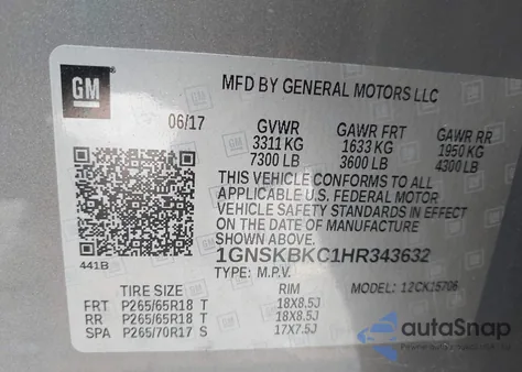 2017 Chevrolet Tahoe Lt z USA, uszkodzony, nr VIN 1GNSKBKC1HR343632